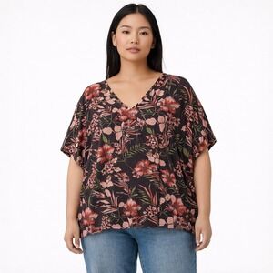 Natural Life Womens Floral V Neck Rayon Top M Relaxed Fit Boho Cottagecore Earth